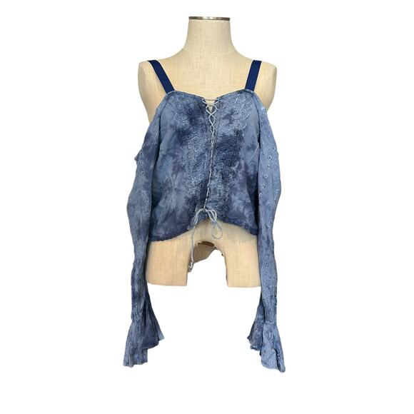 Vintage Tops - Vintage Boho Blue Lace Up Cropped Top Flared Sleeves One Size